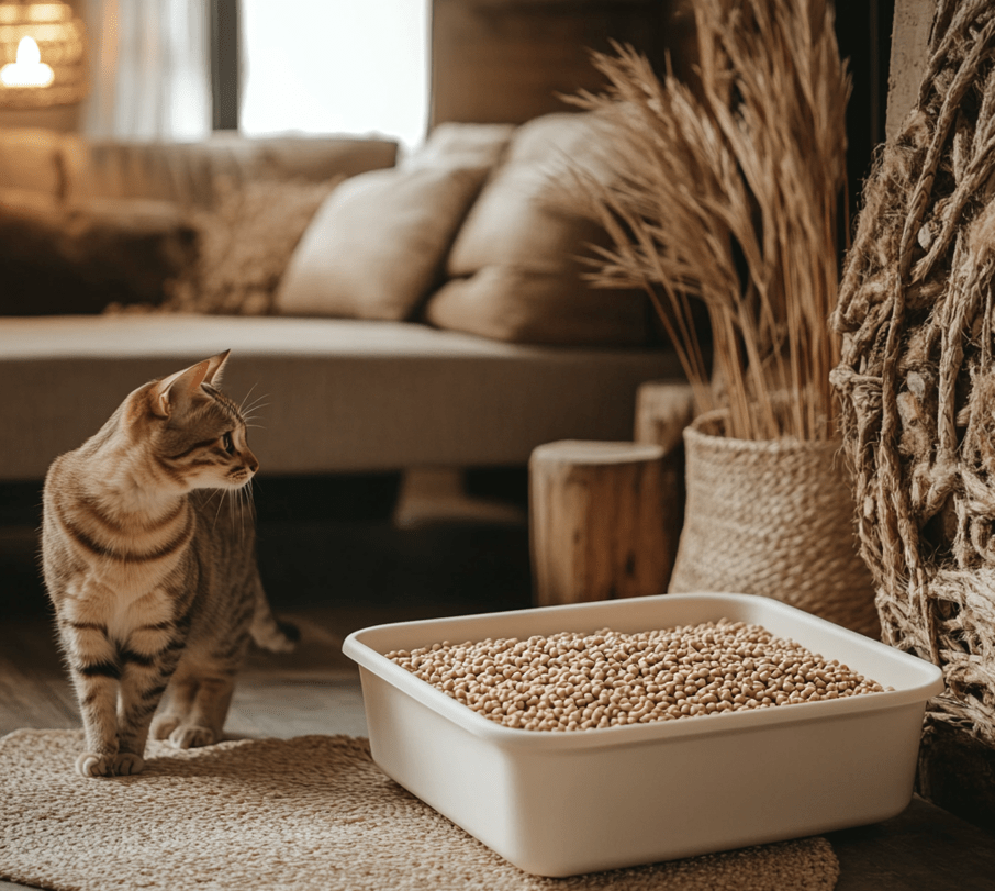 A litter box with wood pellet litter, with a relaxed cat standing nearby.
