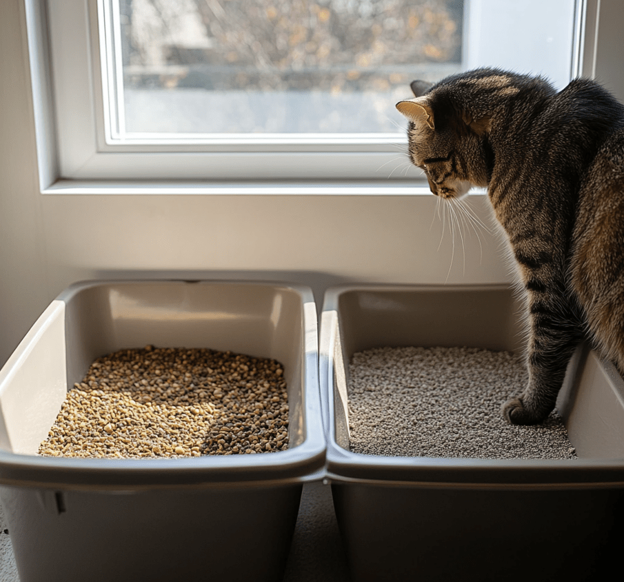 A gradual transition scene showing two types of litter side by side in a box.
