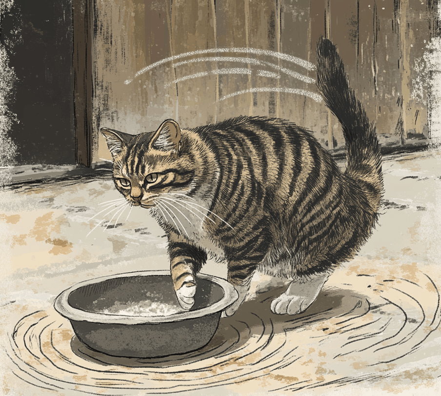 An illustration of a cat marking territory, with faint scent waves emanating from its waste. The cat should be in a natural position, crouching and eliminating in a litter box or outside in a safe outdoor area. The scent waves should be subtly visualized to represent the cat’s communication. The background should show a domestic setting to highlight the natural behaviors.