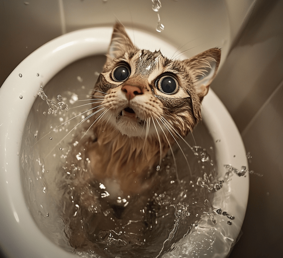 A cat, visibly distressed and wet, having accidentally fallen into a toilet bowl. The cat should be looking up with wide eyes, startled and uncomfortable. The bathroom should be in disarray, with water splashes and a tipped-over toilet paper roll, emphasizing the chaos caused by the experience. The image should evoke a sense of frustration and anxiety for both the cat and the owner.