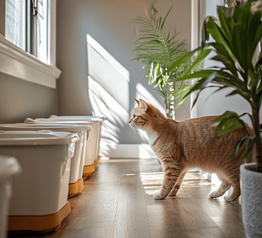 A peaceful home with multiple well-placed, clean litter boxes around a cat-friendly space. The cat should be happily walking towards one of the litter boxes, clearly comfortable with its surroundings. The image should exude warmth and calm, with soft lighting, a clean environment, and the cat looking relaxed and content.