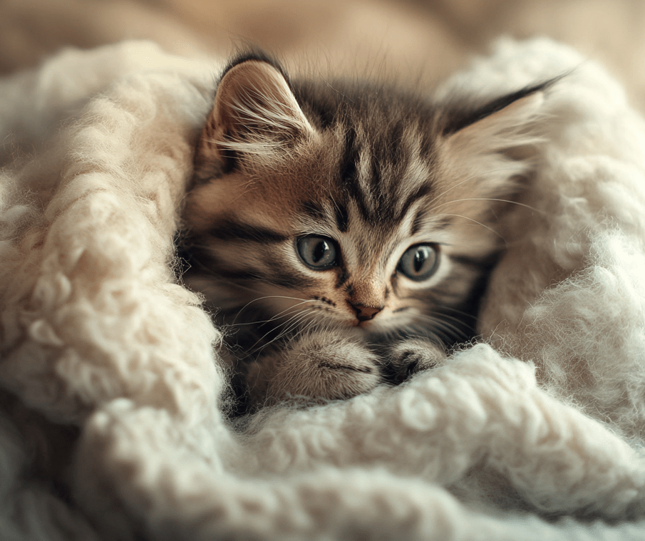 This image can feature a kitten playing or curling up with a familiar blanket that smells like its mother, a symbol of comfort and familiarity. The blanket could have soft, pastel colors, evoking a sense of security. 