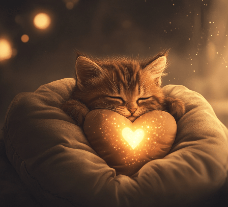 This image should show a kitten resting peacefully with a heartbeat pillow near its chest. The pillow could subtly have a soft glowing effect to indicate that it's gently mimicking a heartbeat. 