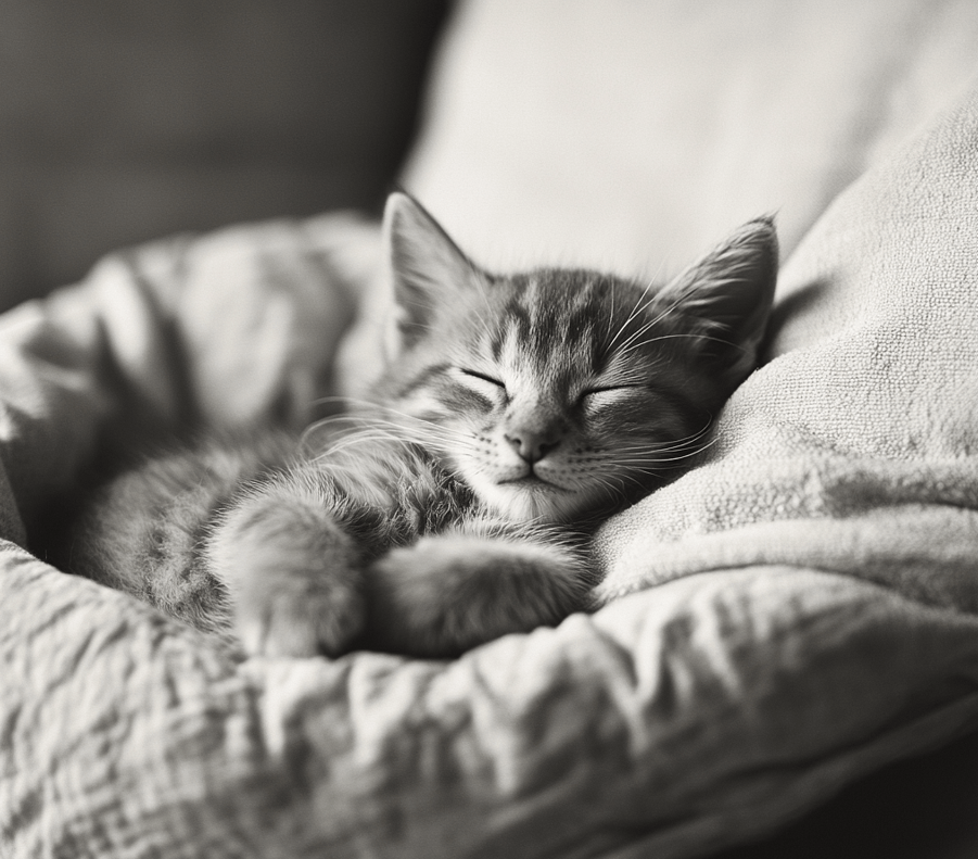 This image should show a kitten comfortably sleeping in its own bed placed in a quiet corner of the room, with its owner possibly nearby, but not in the same bed. The atmosphere should still feel cozy and safe.
