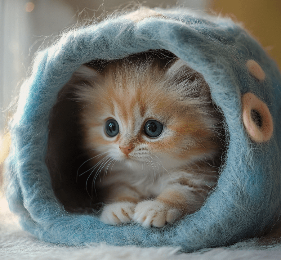 This image should feature a kitten nestled in a small, safe hideaway, such as a little cat tunnel or house. The hideaway should feel secure, yet inviting, with some visible toys or blankets around it.