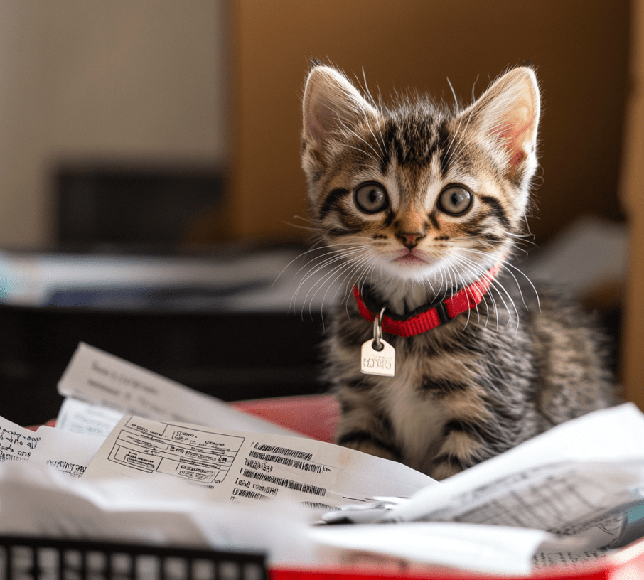 A collection of adoption-related supplies like a collar, pet insurance papers, and a spayed/neutered tag, set next to a playful kitten or cat.
