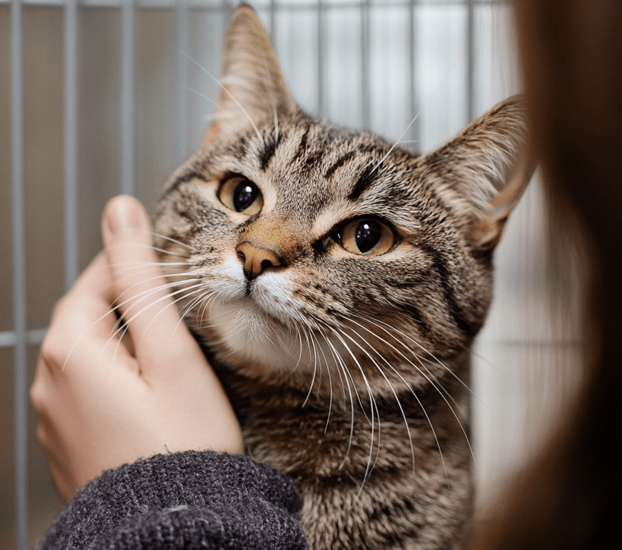 A calm, adult cat being gently pet by a shelter worker, showcasing its personality.
