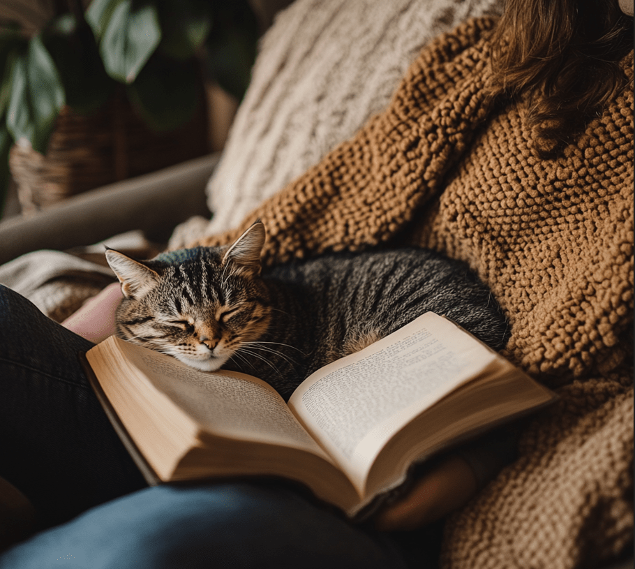 A person relaxing on a couch with a cat curled up on their lap, looking content and peaceful.
