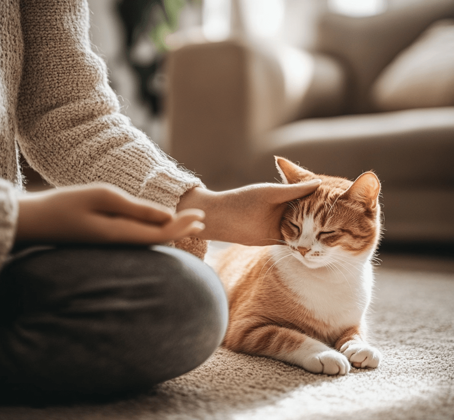 A person petting a cat while engaging in a calming activity like meditating or doing light exercise.