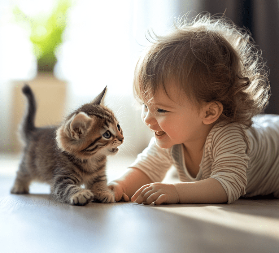 A young child sitting on the floor playing with a kitten, with a joyful and healthy interaction.
