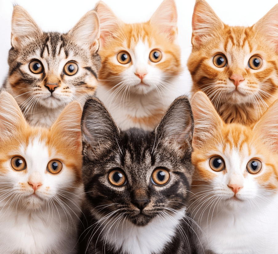 A variety of cats from a shelter, showcasing different breeds, colors, and sizes.
