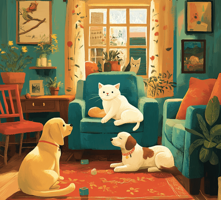 Two cats playing together, perhaps with one dog also involved, showing a peaceful multi-pet household.
