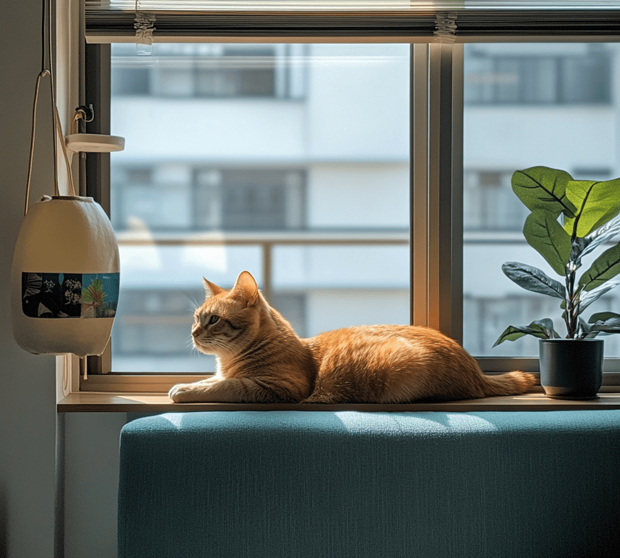 A cat lounging by a window perch, looking content and relaxed in an apartment setting.
