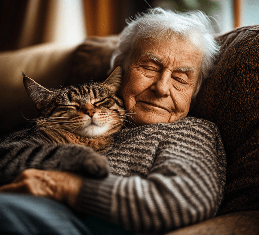 An elderly person sitting in an armchair, with a calm cat resting on their lap.
