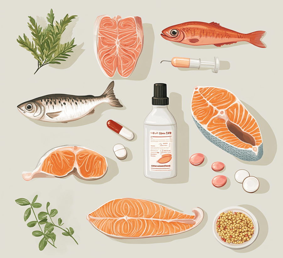 An infographic-style image showing a variety of allergens for cats, such as a fish, meat, a flea, pollen, and a medicine bottle. 