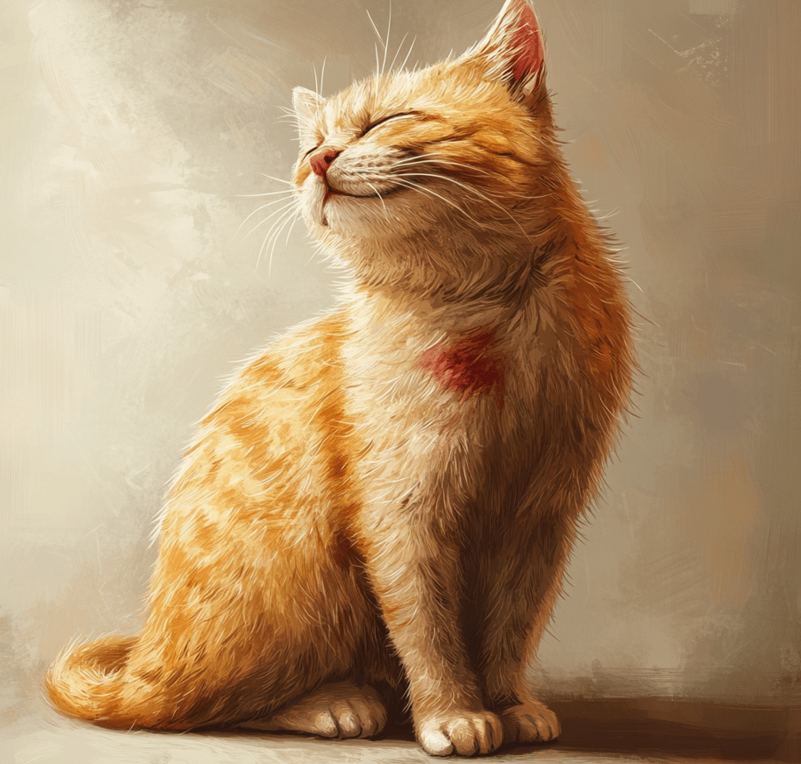 A realistic depiction of a cat showing visible symptoms, such as scratching, hair loss, or redness. 