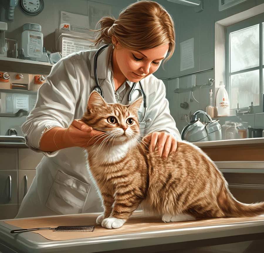 A vet examining a cat, possibly using a comb to check for fleas or performing a skin test.