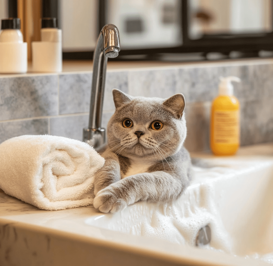 A cat receiving treatment, such as being bathed with medicated shampoo or eating from a bowl labeled 'hypoallergenic food.' 