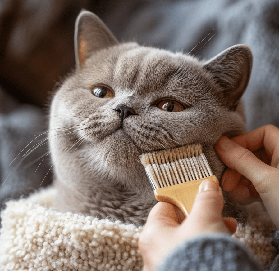  A happy and healthy cat being brushed by its owner in a clean home environment. 