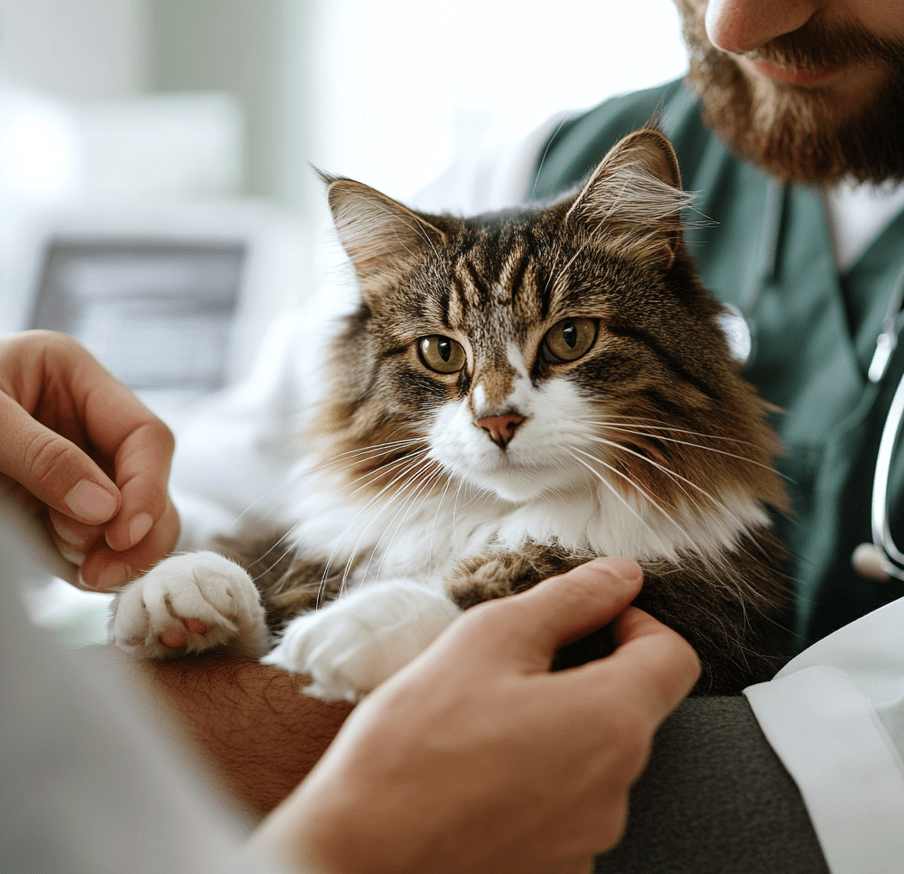 A concerned owner holding a cat while a vet examines it in a clinic. 