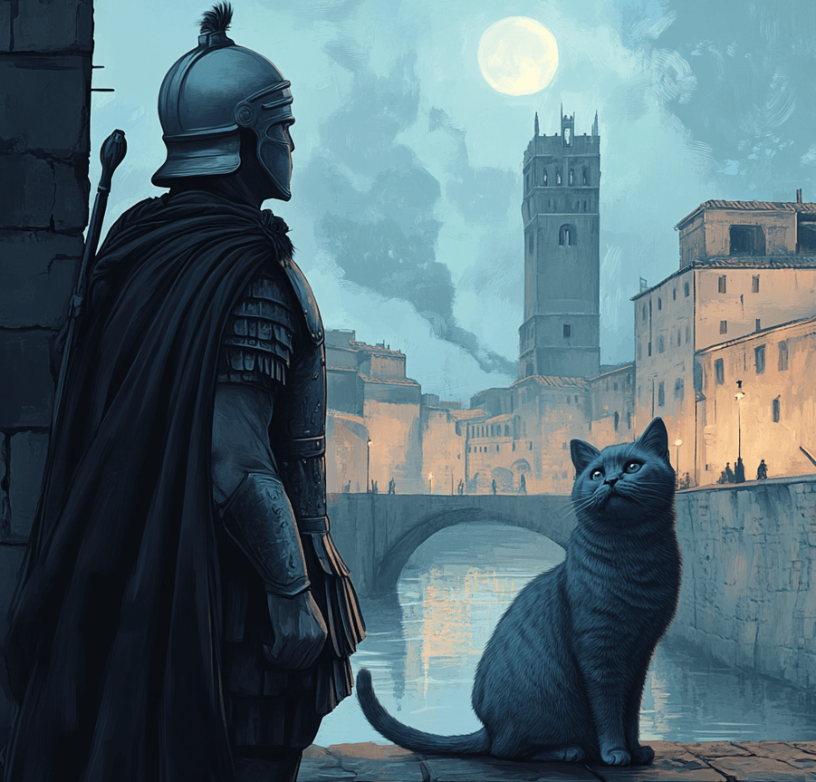 A Roman soldier walking alongside a British Shorthair cat, with a historical backdrop of ancient Rome transitioning into medieval England. 