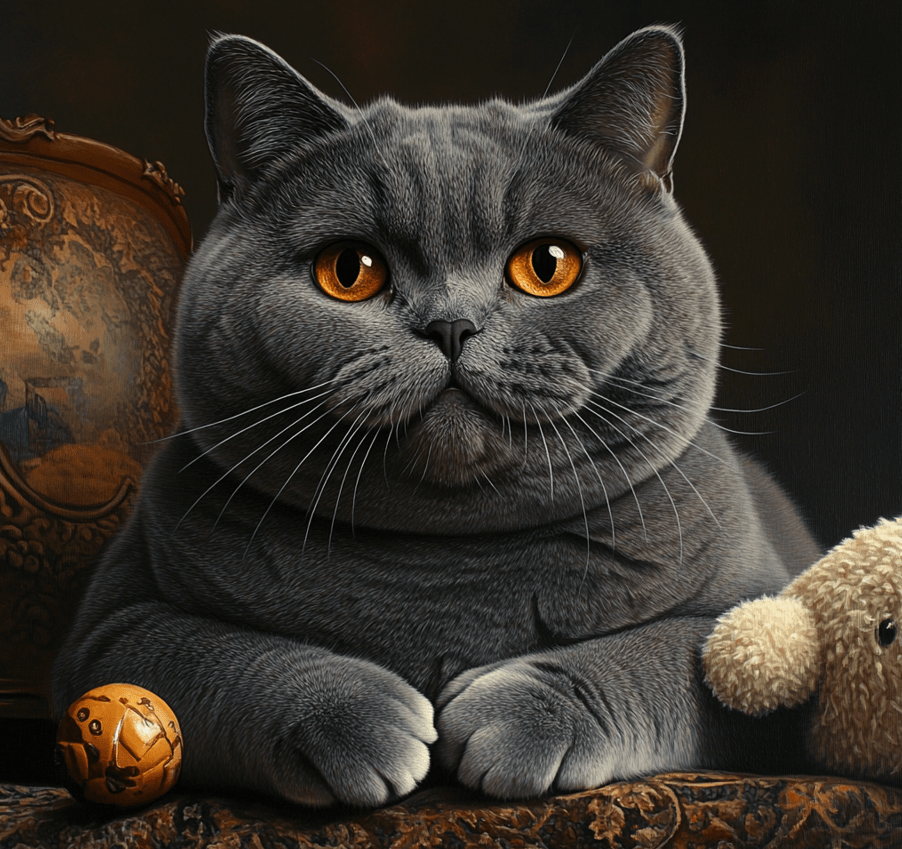 A British Shorthair cat with its signature stocky build and dense coat, surrounded by toys and a comfortable indoor environment. 