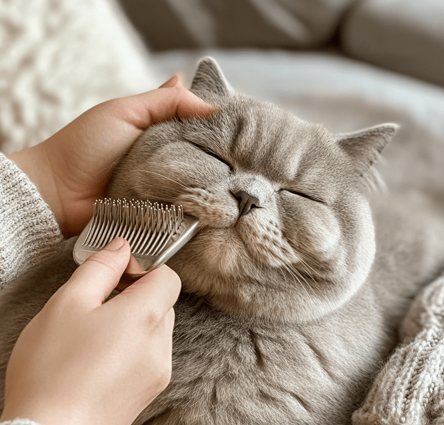 A person brushing a British Shorthair cat's dense coat with a wire brush, with fur visibly collecting in the brush. 