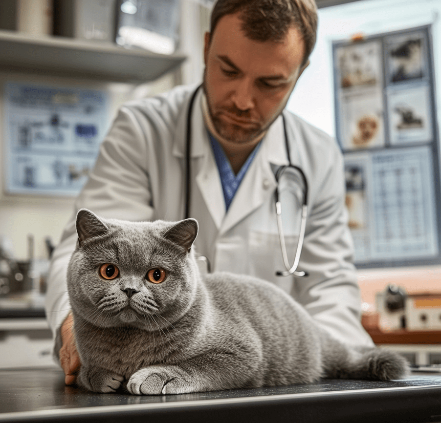 A vet examining a British Shorthair cat on a table with medical equipment in the background. 