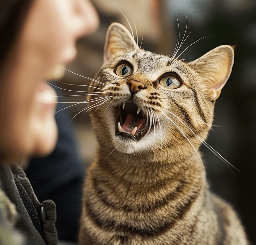 A cat meowing to a person, with a soft, friendly expression. It can be a cute domestic cat sitting and meowing while a human looks at the cat with affection. 