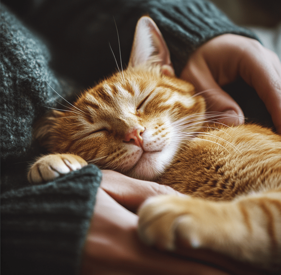 A relaxed cat purring while lying on a person's lap. The cat should have closed eyes and a content expression. 