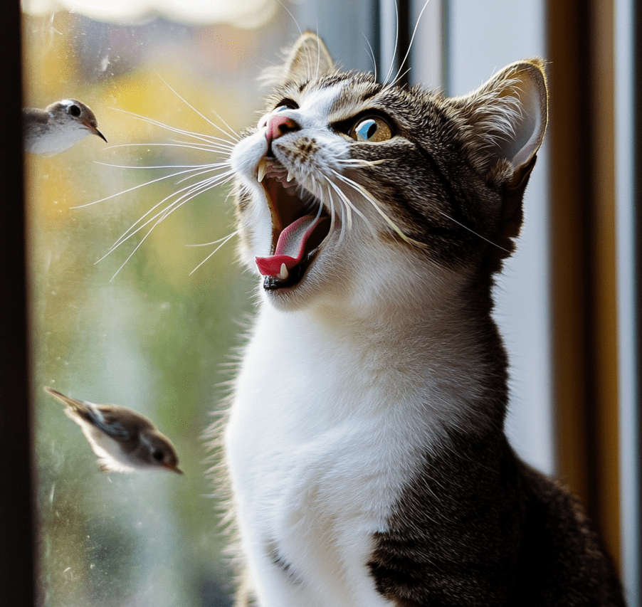 A cat making chirping or trilling sounds, with its mouth slightly open. The cat is looking excited or focused, possibly near a window with birds in the background. 