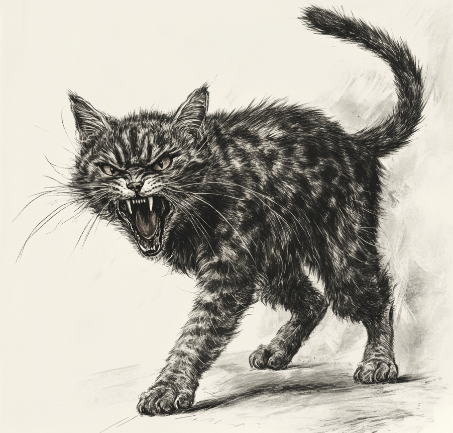 A cat hissing, with its body arched and fur bristling. The cat should have a defensive posture, with wide eyes and ears flattened. 