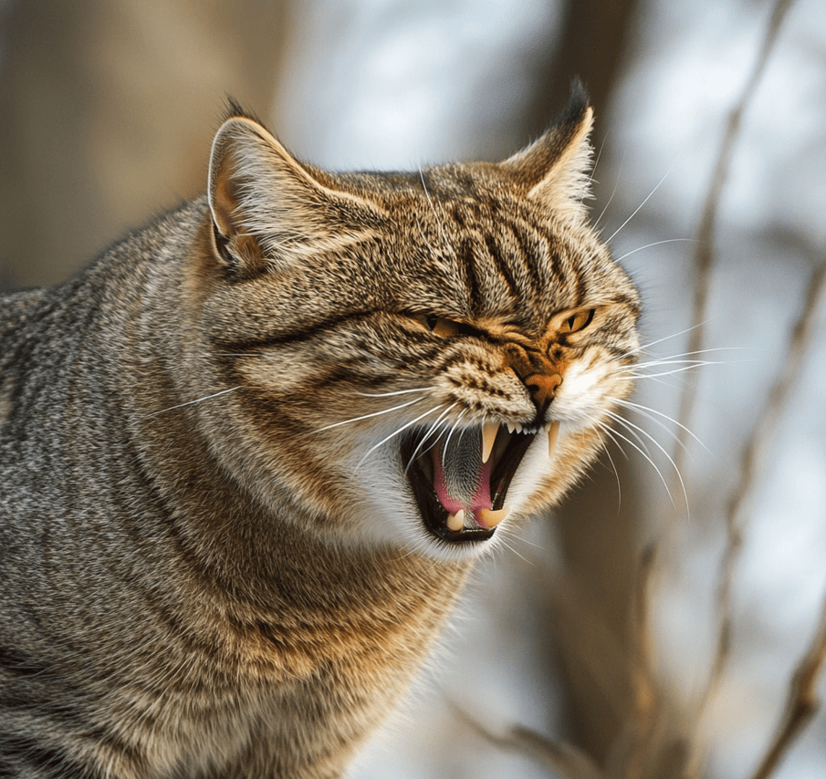 A cat snarling or growling in a defensive posture, with fur raised, ears flat, and tail flicking. The background should show the cat in a tense environment, possibly near another animal. 