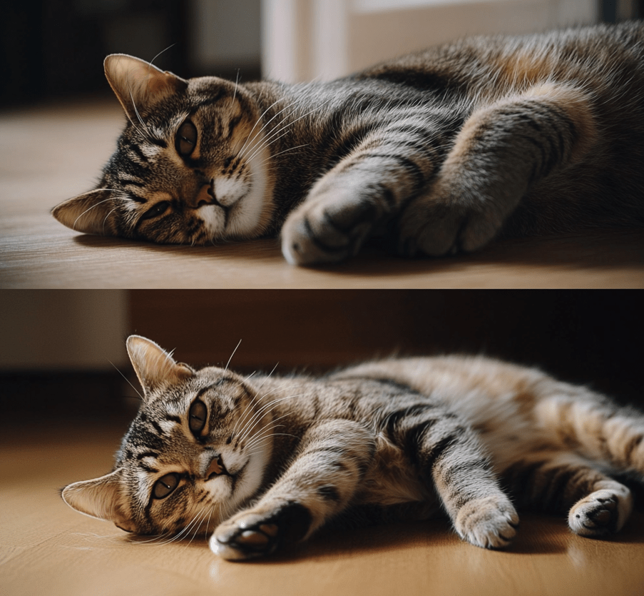 A cat in different postures, one being crouched and defensive, and another lying comfortably on its back. 