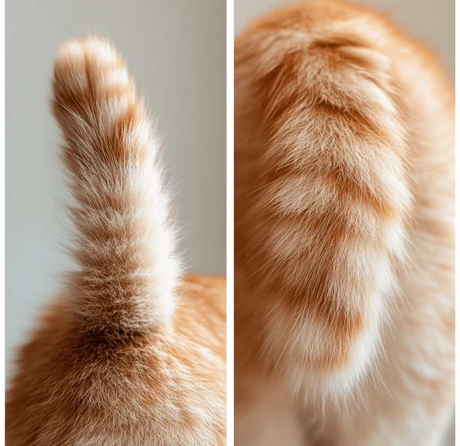 A cat with its tail upright in greeting, and another image with the tail puffed up in agitation. 