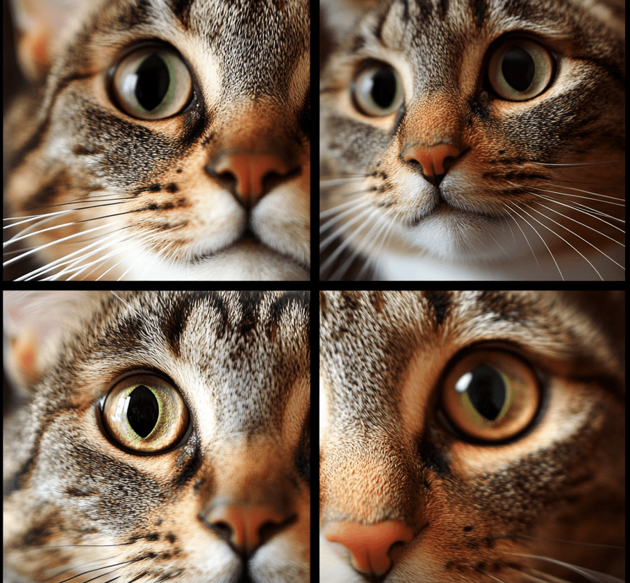 A close-up of a cat with different facial expressions, such as relaxed, wide-eyed, and a cat with ears back in aggression. 