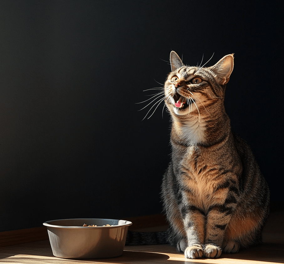 A cat meowing at its human, possibly sitting by its food bowl or at the door.