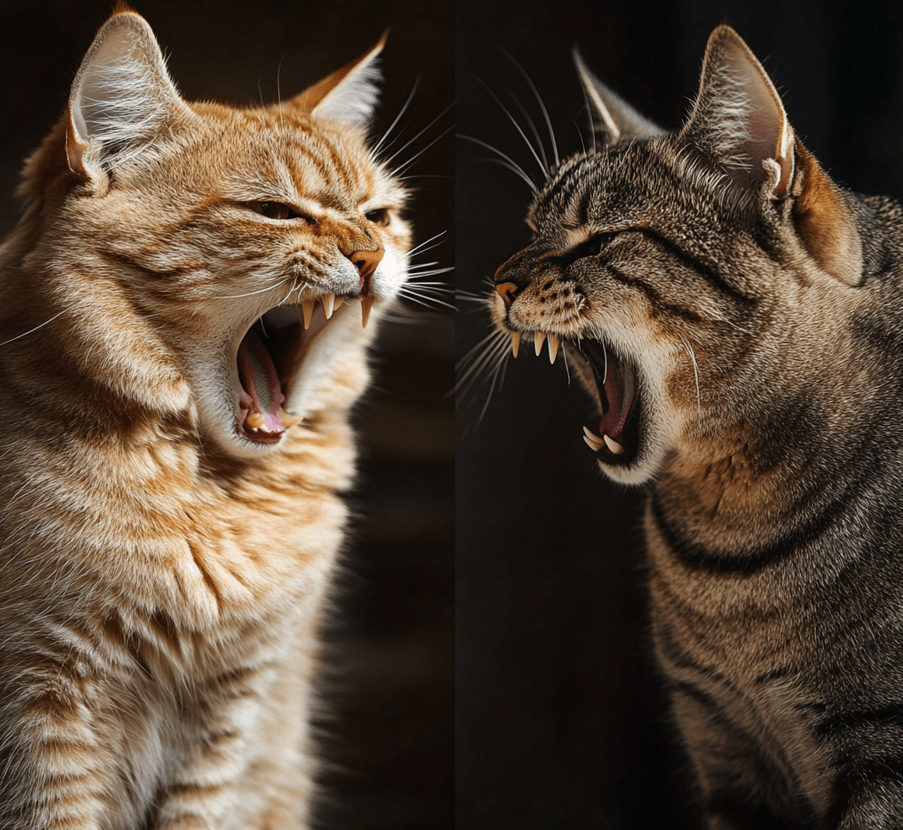 A cat hissing, showing defensive body language, and another cat yowling with an angry posture. 