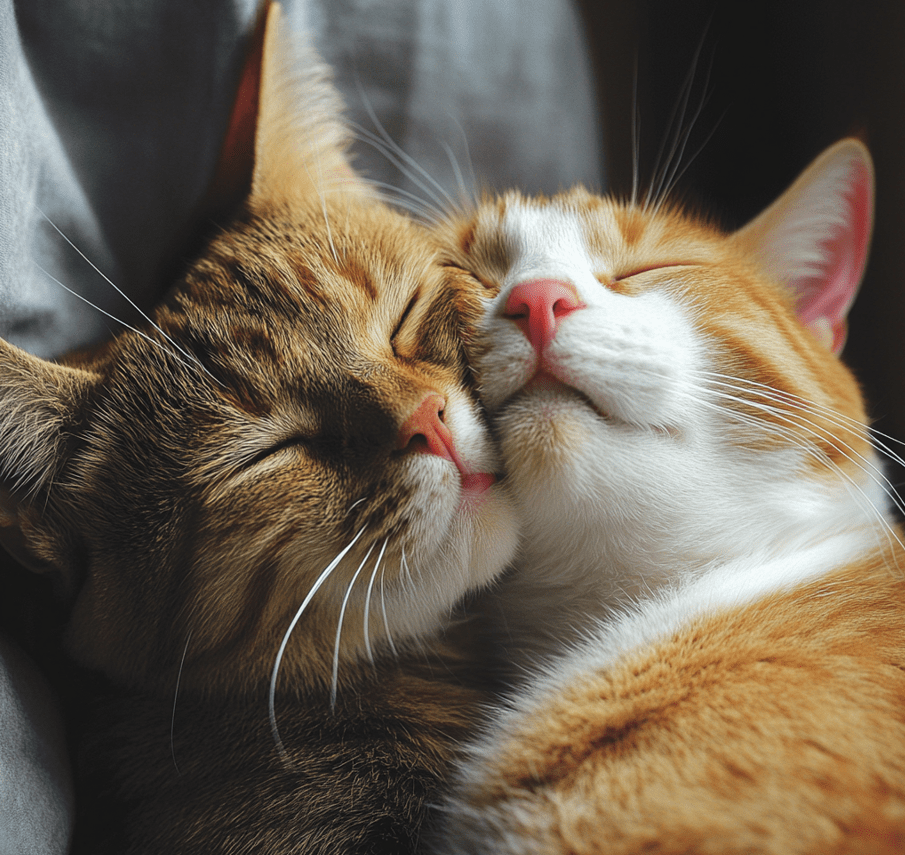 Two cats grooming each other, or one cat sleeping on its owner’s lap. 