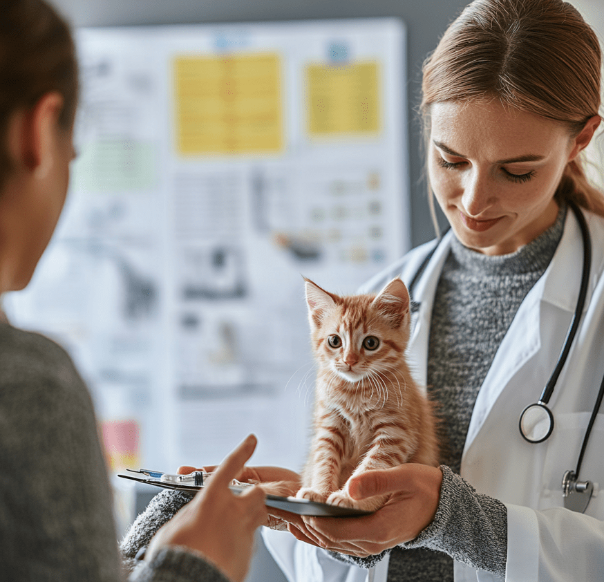 A veterinarian consulting with a pet owner, with a focus on a slightly older kitten.
