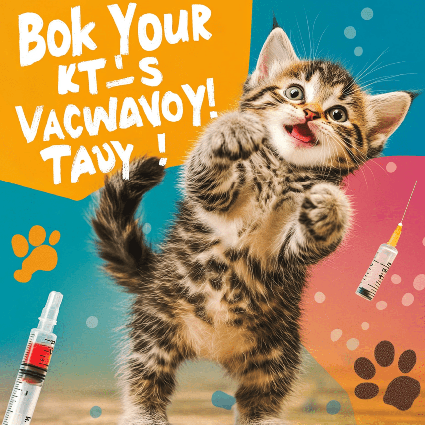 A poster-style image of a playful kitten with text saying, "Book Your Kitten’s Vaccination Today!"