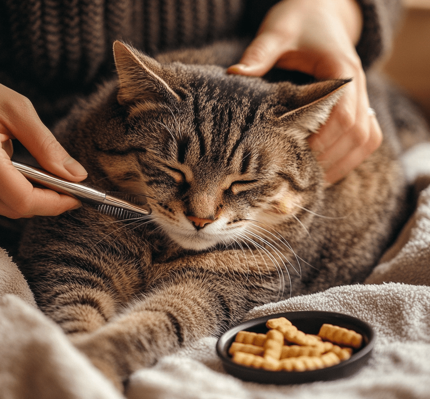 An elderly or overweight cat being gently groomed. 