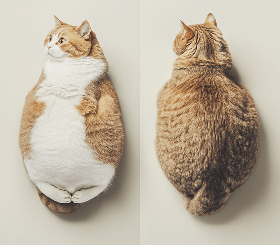 A side-by-side comparison of a healthy-weight cat and an overweight cat, viewed from above and the side. The healthy cat shows a visible hourglass shape, while the overweight cat has a rounded body with no visible waist.
