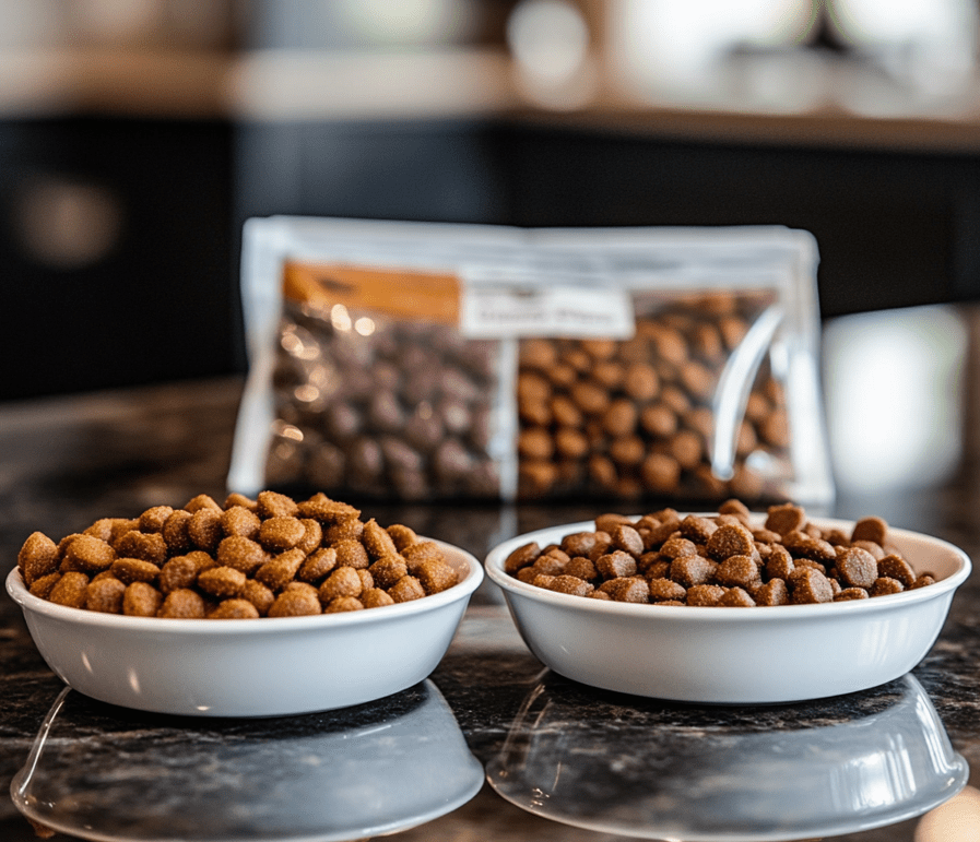 A set of portioned cat food servings displayed side by side on a clean counter, with one bowl of wet food and another of dry food. A cat treat bag is placed in the background, labeled with a “low-calorie” tag.
