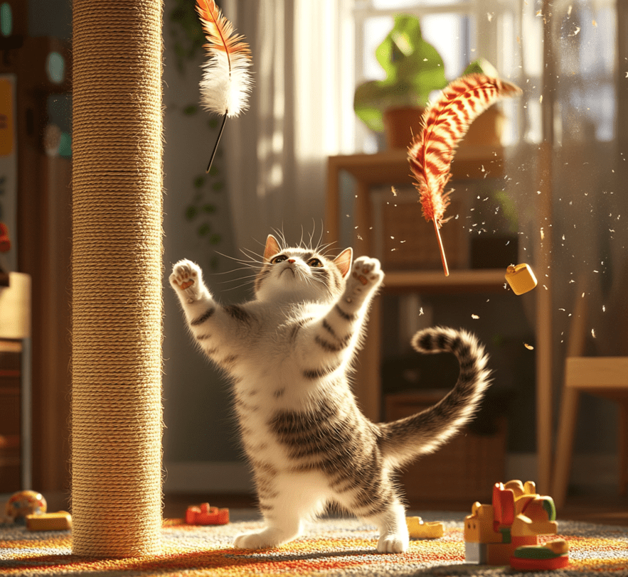 A playful scene of a cat engaging with toys, including a feather wand, a scratching post, and a treat-dispensing puzzle. The setting is a cozy, indoor environment with scattered toys and a window perch visible in the background.
