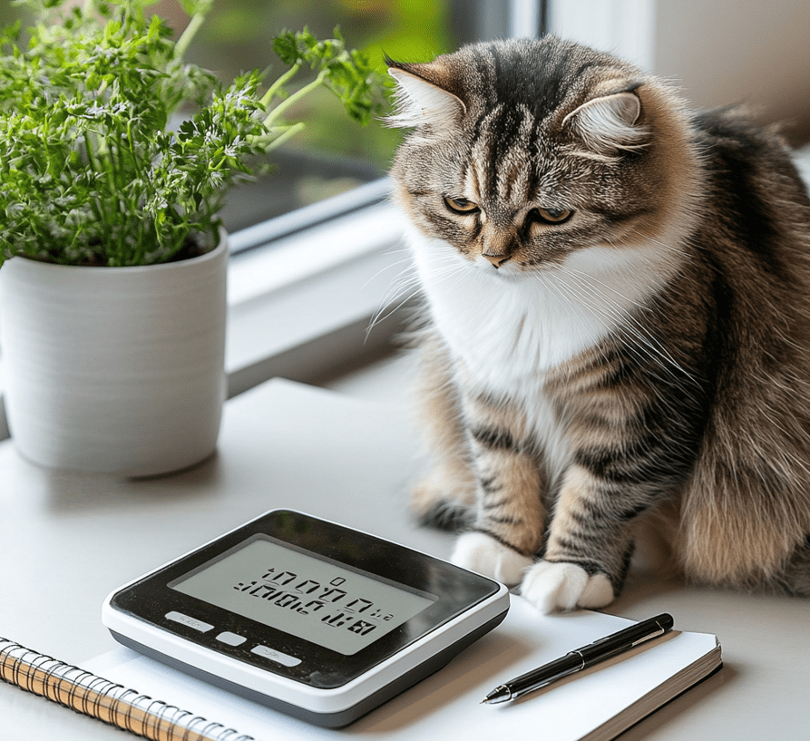 A close-up of a cat being weighed on a small digital pet scale, with the numbers clearly visible. The cat looks calm, and there’s a notebook and pen next to the scale for tracking progress.
