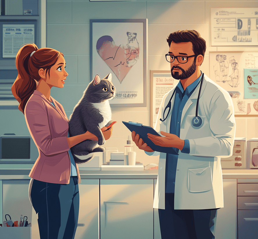 A concerned cat owner consulting with a veterinarian in a clinic. The vet is holding a clipboard and explaining something, while the owner gently holds their cat.
