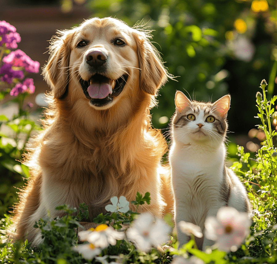 A happy, healthy dog and cat sitting side by side in a sunny outdoor garden, representing vitality and well-being.
