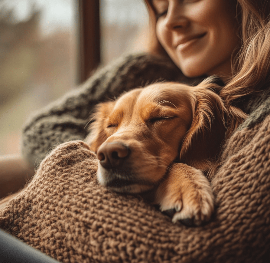 A dog peacefully lying next to its owner, who is smiling and petting it, illustrating a calm and affectionate bond.