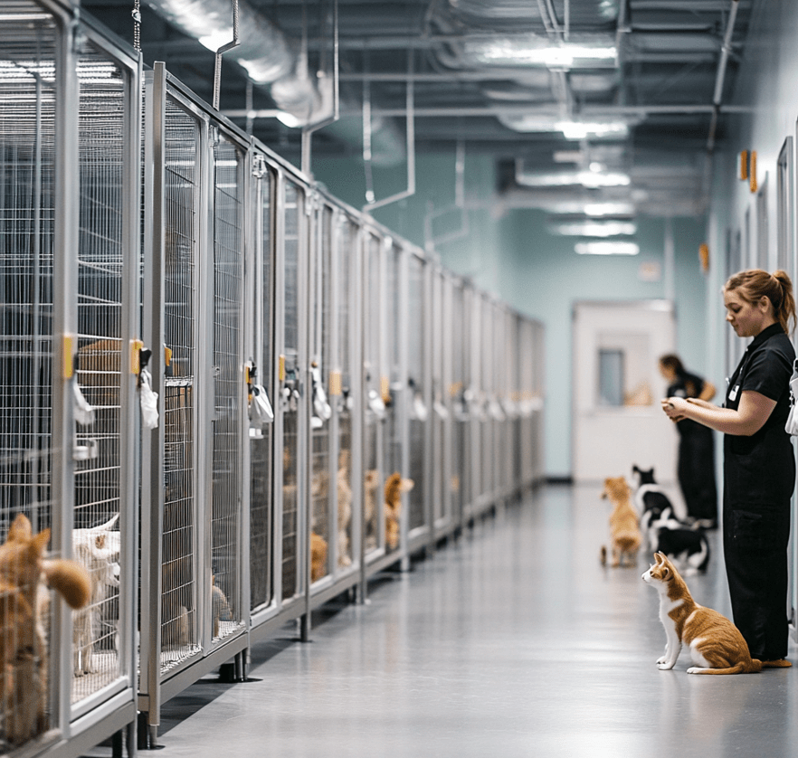 A busy animal shelter with staff caring for cats and dogs in clean enclosures, showcasing efforts to manage overpopulation.